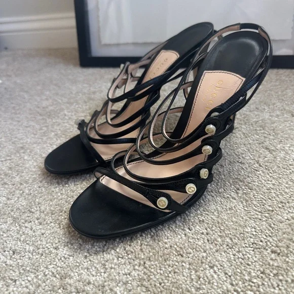 Gucci Marmont Pearl Button Black Strappy Heels - EUC - Picture 4 of 13